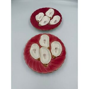 Abigails Raspberry Pink Oyster Plates Gold Rim Set of 2 Ceramic Coastal Decor